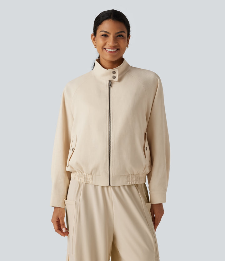 Mock Neck Long Sleeve Casual Jacket with Pockets — White Swan — view 1