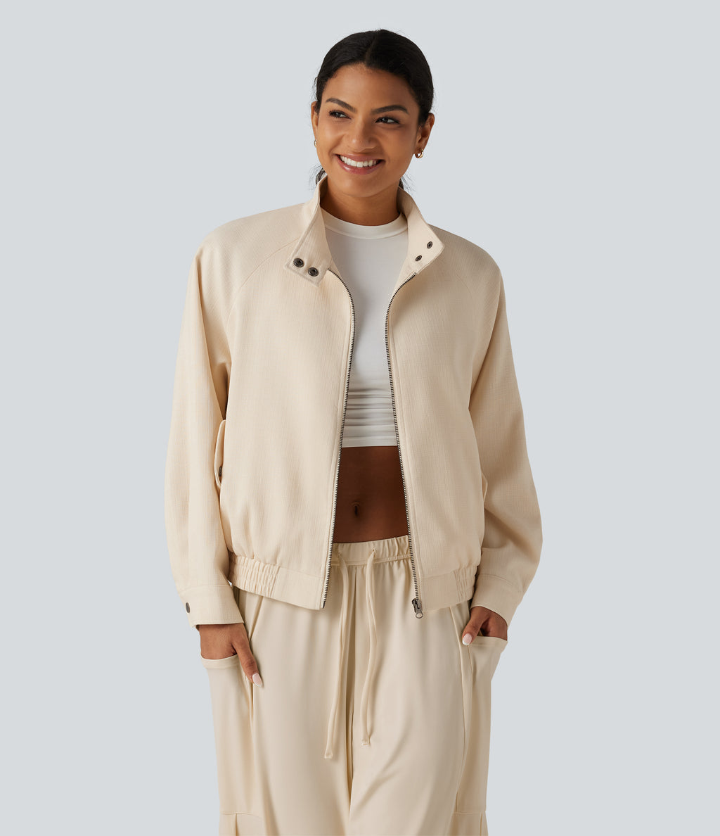 Mock Neck Long Sleeve Casual Jacket with Pockets — White Swan — view 4
