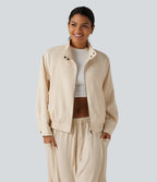 Mock Neck Long Sleeve Casual Jacket with Pockets — White Swan — view 4