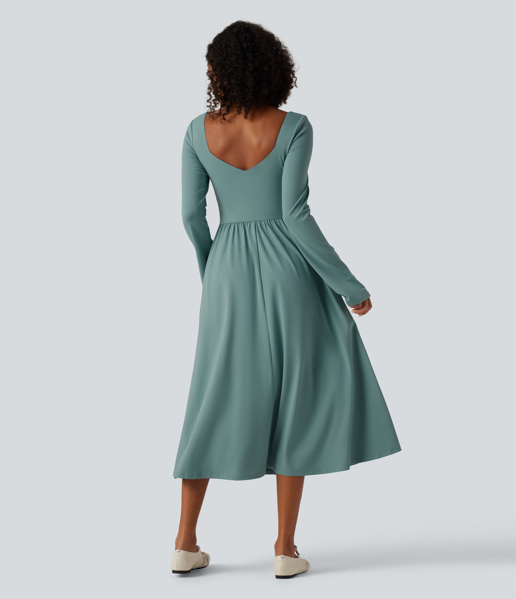 Long Sleeve Built-in Bra Crossover Flowy Midi Casual Dress with Pockets — Azure — view 2