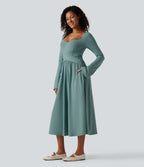Long Sleeve Built-in Bra Crossover Flowy Midi Casual Dress with Pockets — Azure — view 3
