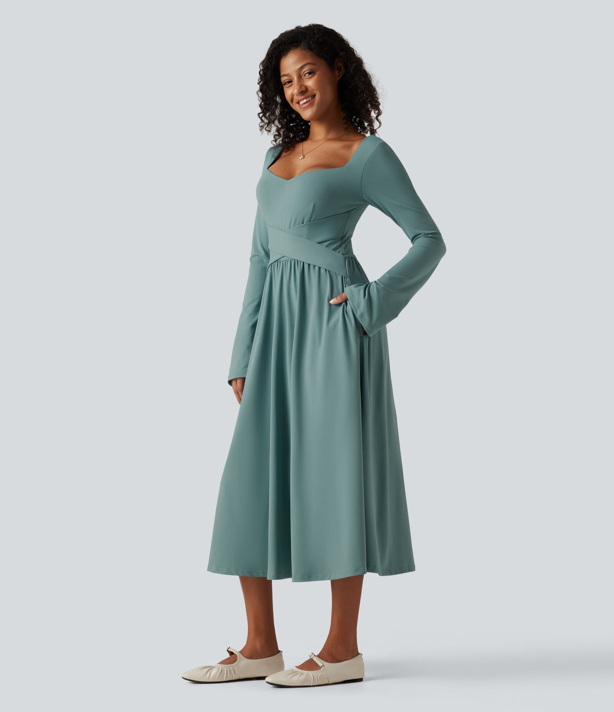 Long Sleeve Built-in Bra Crossover Flowy Midi Casual Dress with Pockets — Azure — view 3