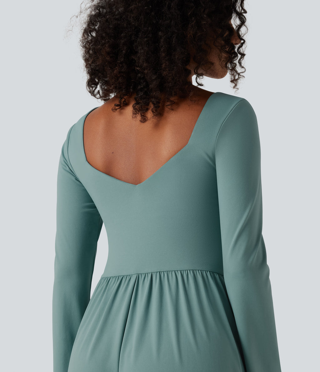 Long Sleeve Built-in Bra Crossover Flowy Midi Casual Dress with Pockets — Azure — view 4