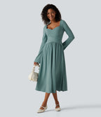 Long Sleeve Built-in Bra Crossover Flowy Midi Casual Dress with Pockets — Azure — view 7