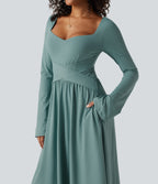 Long Sleeve Built-in Bra Crossover Flowy Midi Casual Dress with Pockets — Azure — view 5