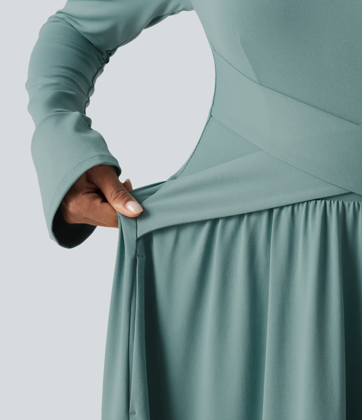 Long Sleeve Built-in Bra Crossover Flowy Midi Casual Dress with Pockets — Azure — view 6