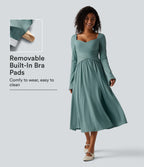 Long Sleeve Built-in Bra Crossover Flowy Midi Casual Dress with Pockets — Azure — view 1