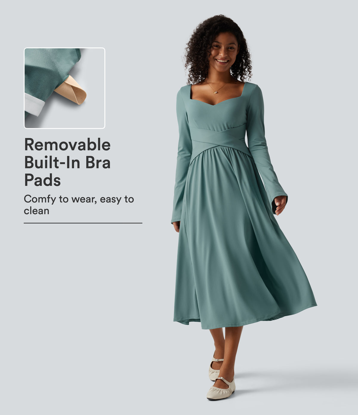 Long Sleeve Built-in Bra Crossover Flowy Midi Casual Dress with Pockets — Azure — view 1