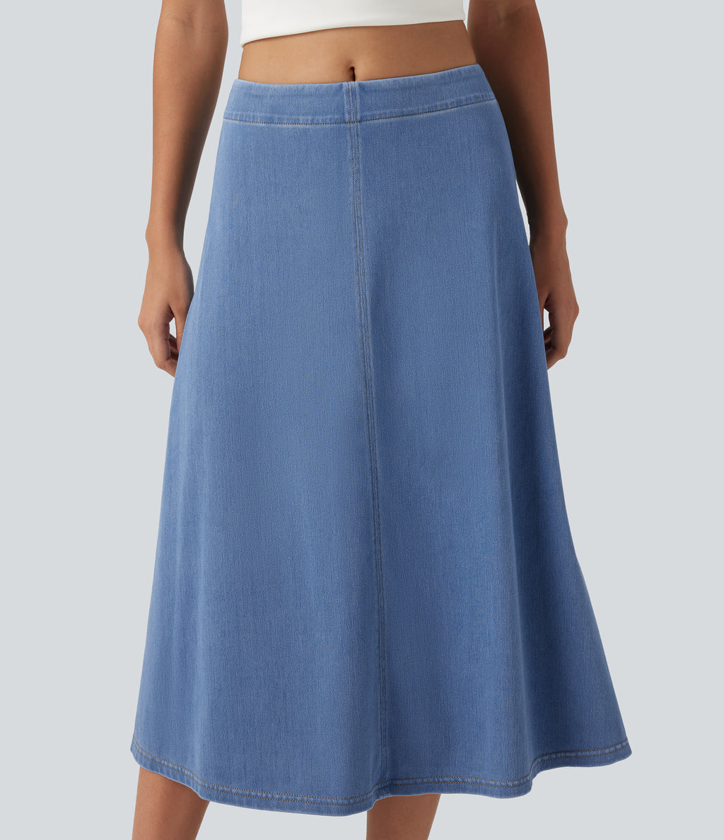 Mid Rise Denim Midi Casual Skirt — Powder Blue Denim — view 4