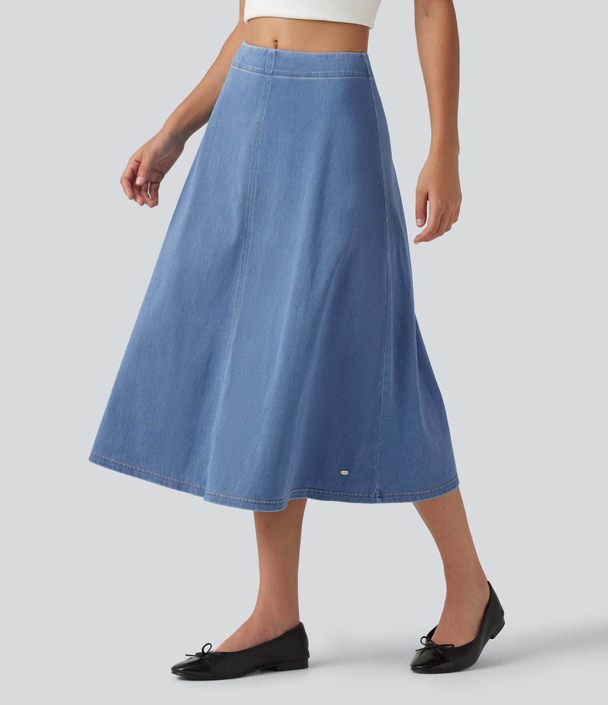 Mid Rise Denim Midi Casual Skirt — Powder Blue Denim — view 3