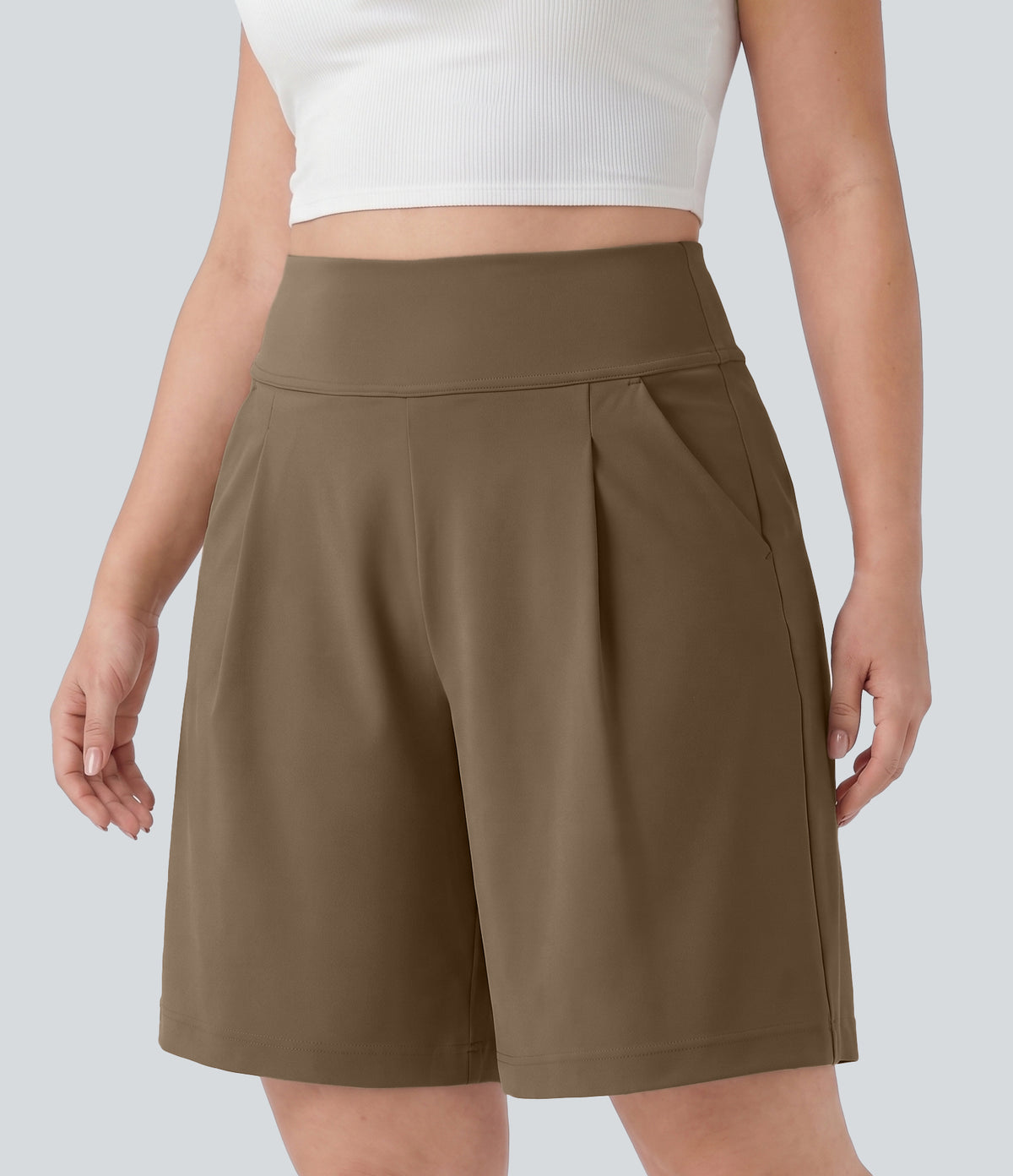 Plus Size High Waisted Pleated Work Bermuda Shorts 10'' with Pockets — Sepia — view 3
