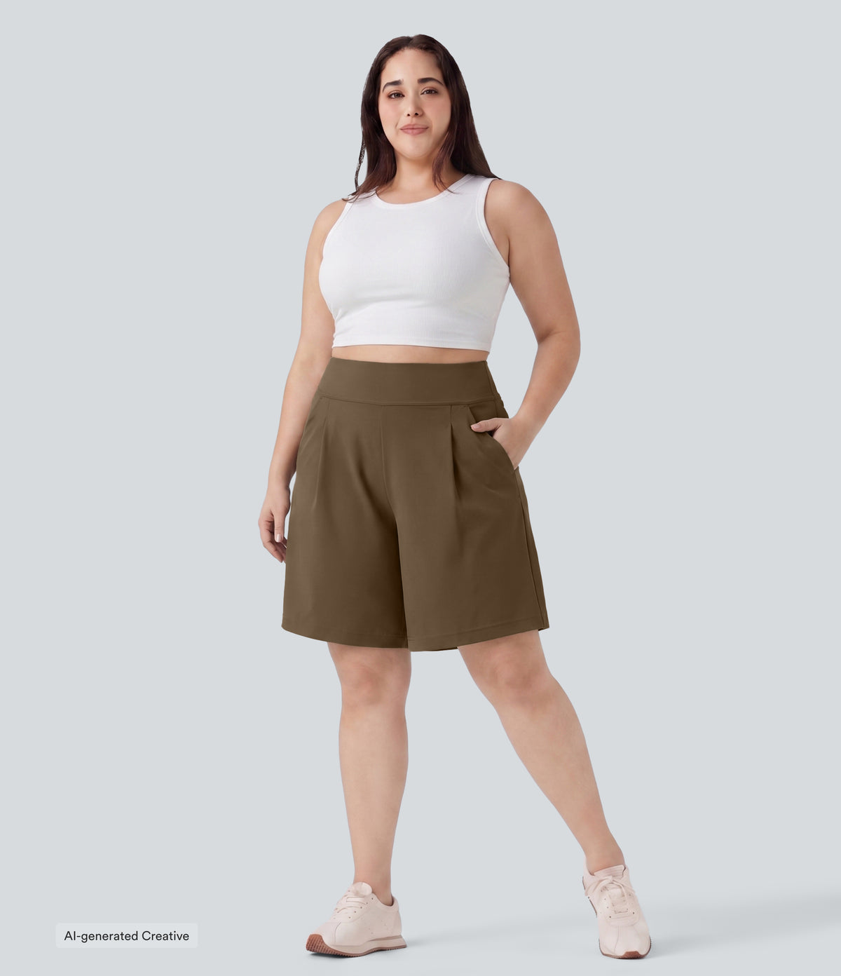 Plus Size High Waisted Pleated Work Bermuda Shorts 10'' with Pockets — Sepia — view 5