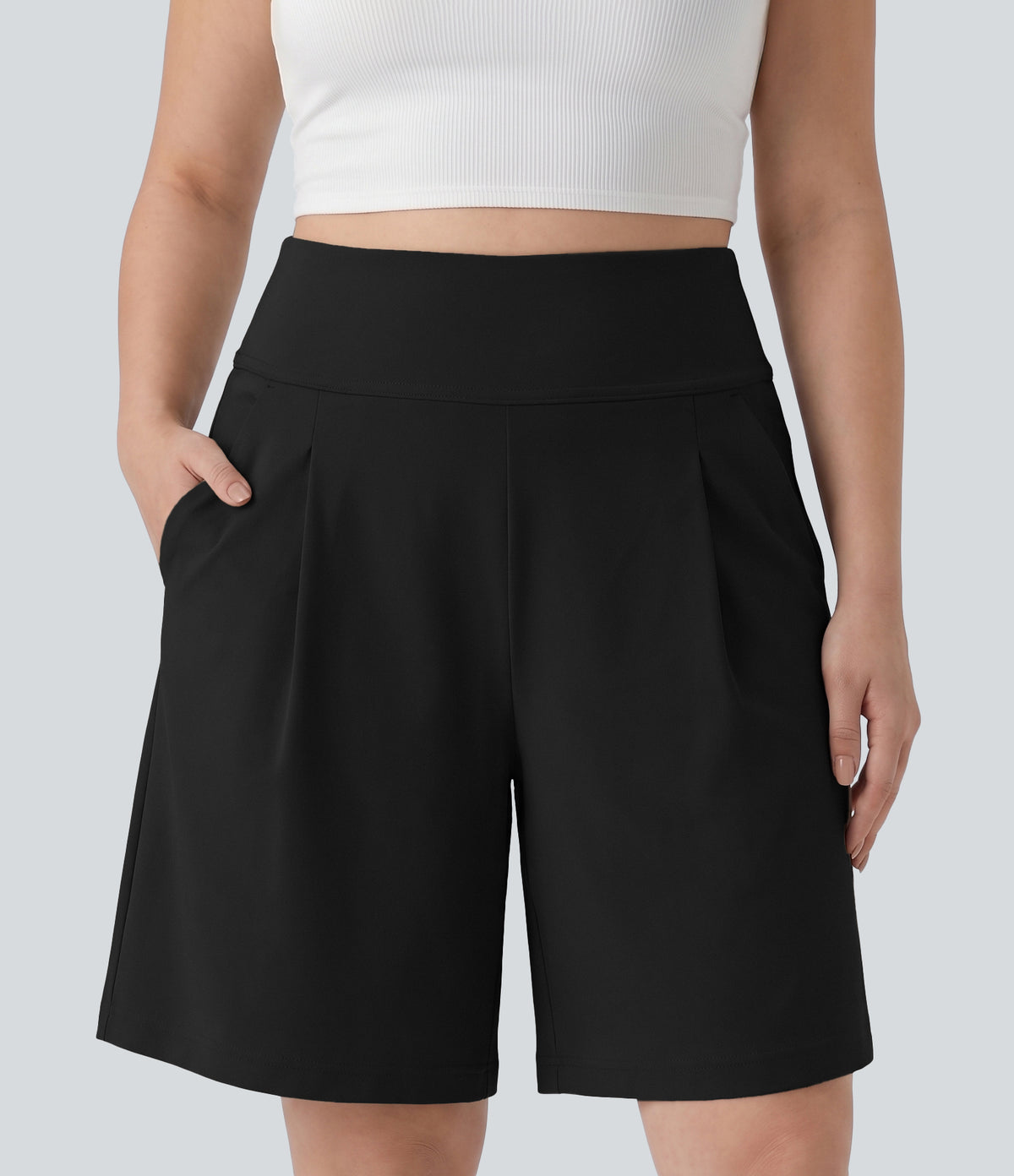 Plus Size High Waisted Pleated Work Bermuda Shorts 10'' with Pockets — Black — view 6