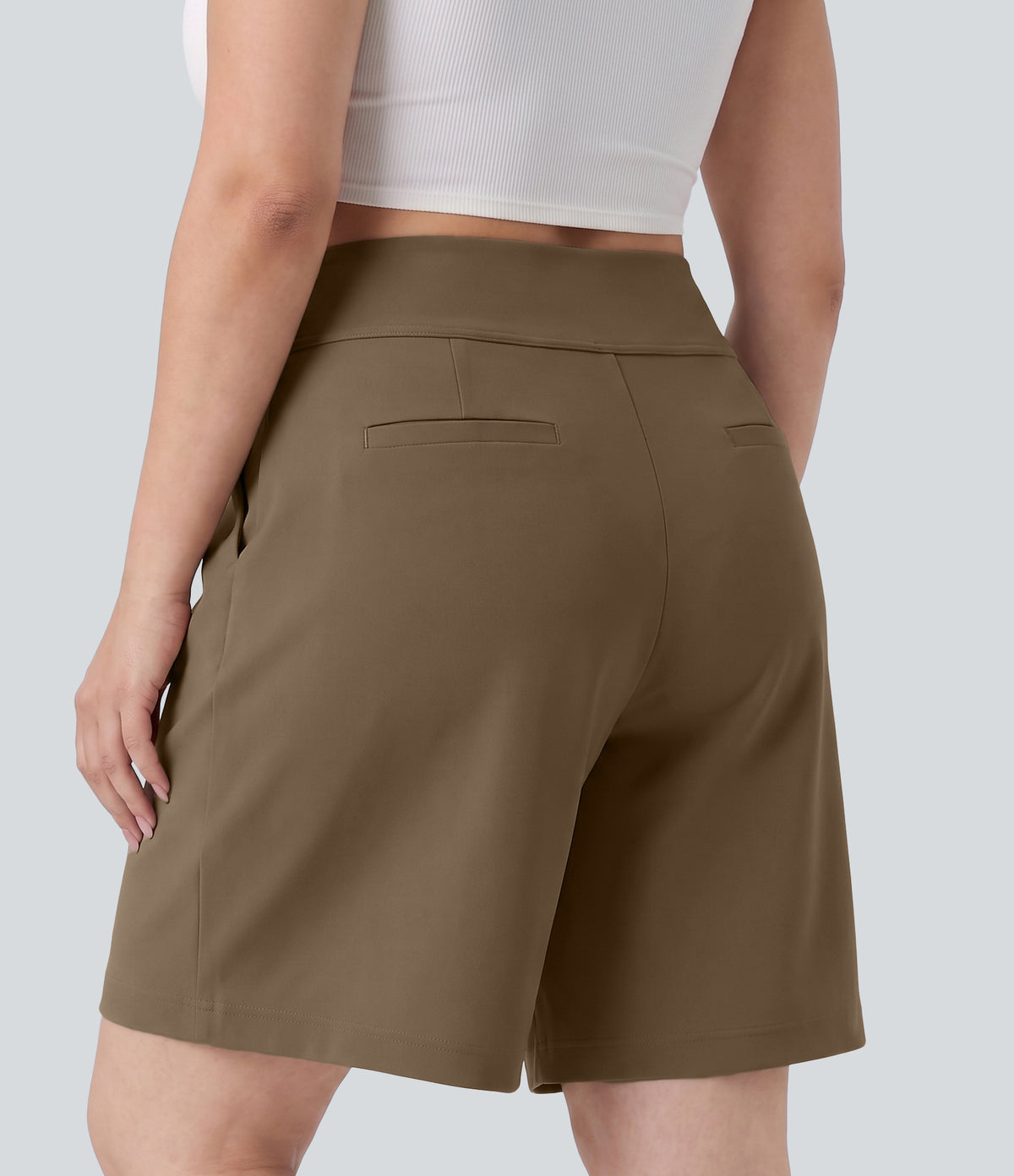 Plus Size High Waisted Pleated Work Bermuda Shorts 10'' with Pockets — Sepia — view 2