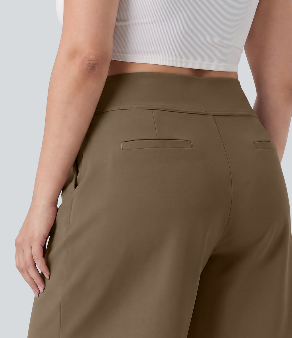 Plus Size High Waisted Pleated Work Bermuda Shorts 10'' with Pockets — Sepia — view 4