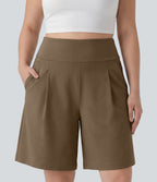 Plus Size High Waisted Pleated Work Bermuda Shorts 10'' with Pockets — Sepia — view 1