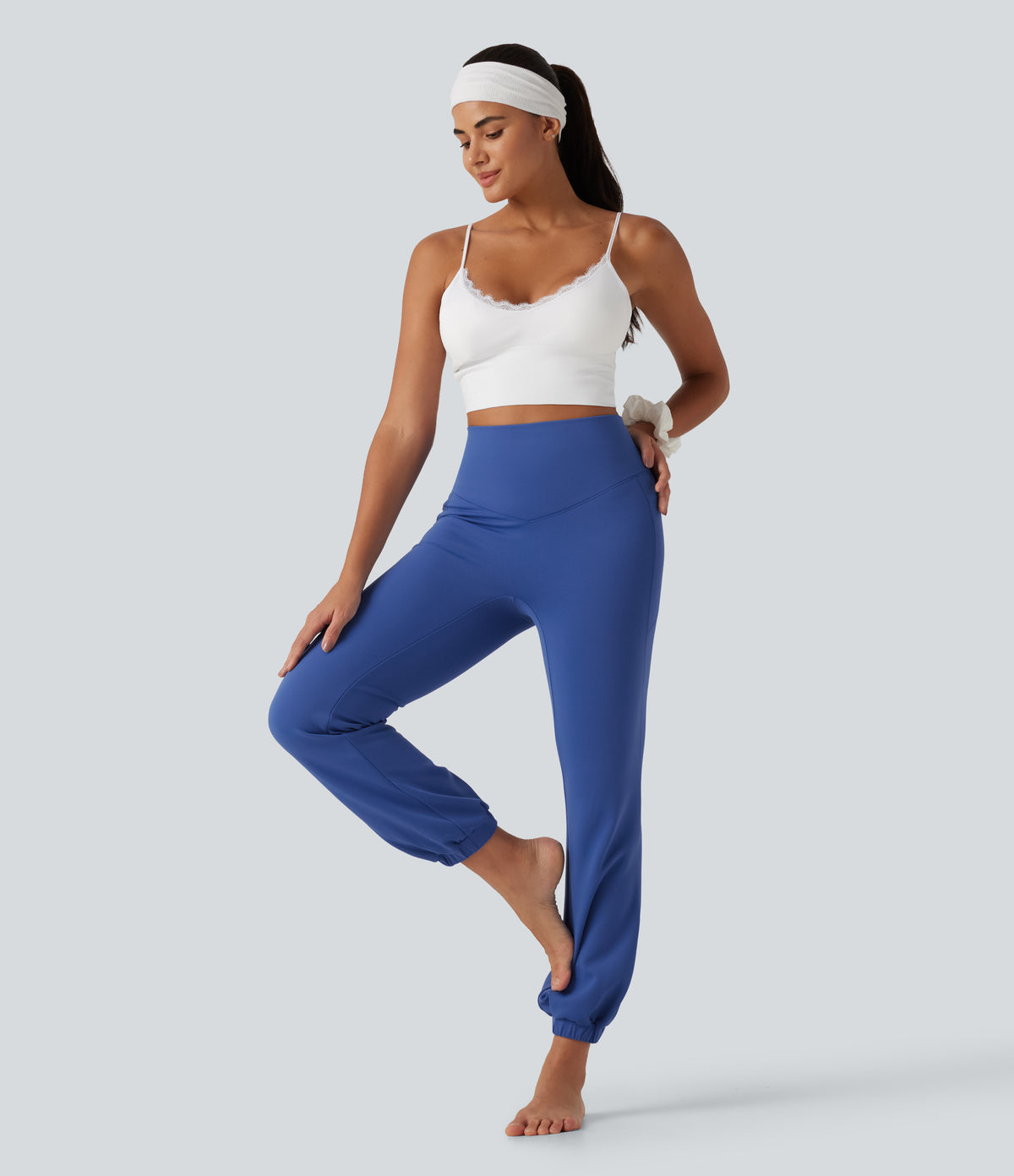 High Waisted Tummy Control Fleece Dance Balloon Joggers with Pockets — Beaucoup Blue — view 7