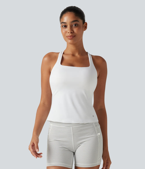 Airy Square Neck Built-in Bra InstantCool Training Tank Top-Longer Length-UPF50+ DD-F Cups — White — view 2