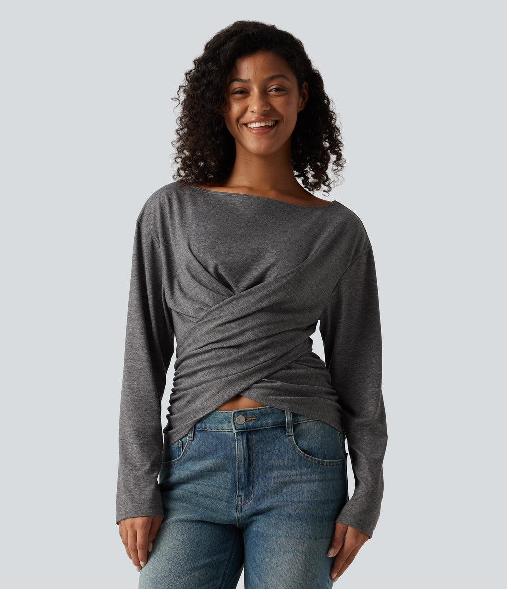Boat Neck Crossover Hem Ruched Long Sleeve Casual Top — Darl Gray Floral Yarn — view 4