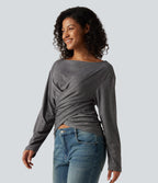 Boat Neck Crossover Hem Ruched Long Sleeve Casual Top — Darl Gray Floral Yarn — view 3