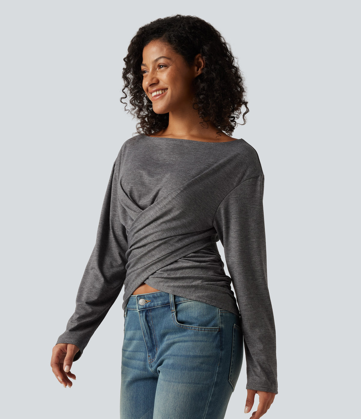 Boat Neck Crossover Hem Ruched Long Sleeve Casual Top — Darl Gray Floral Yarn — view 3