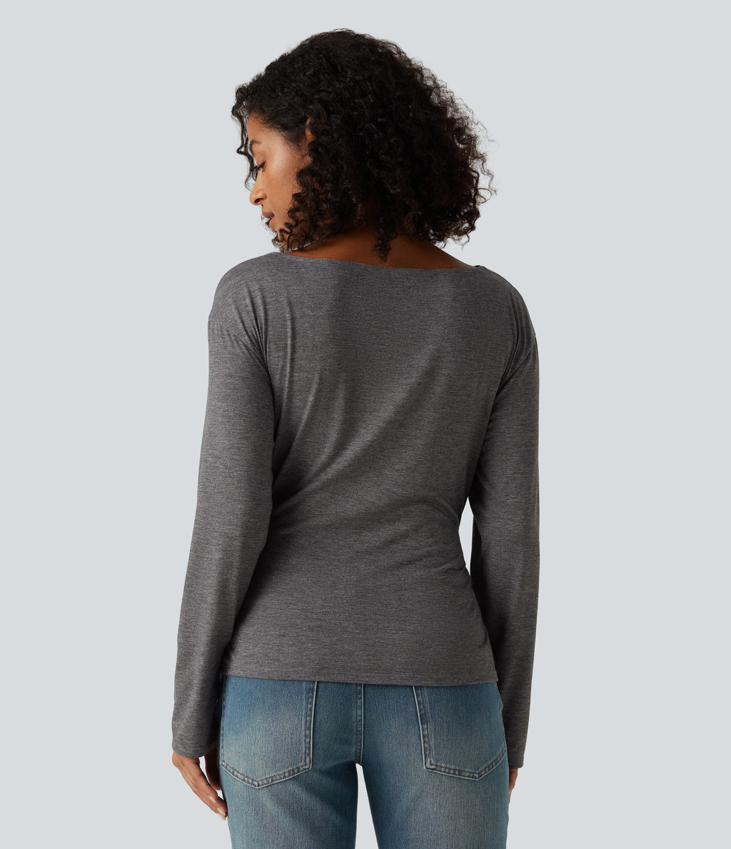Boat Neck Crossover Hem Ruched Long Sleeve Casual Top — Darl Gray Floral Yarn — view 2