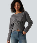 Boat Neck Crossover Hem Ruched Long Sleeve Casual Top — Darl Gray Floral Yarn — view 1