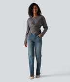 Boat Neck Crossover Hem Ruched Long Sleeve Casual Top — Darl Gray Floral Yarn — view 7