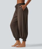 Mid Rise Drawstring Ruched Wrapped Yoga Joggers with Pockets — Chocolate Brown — view 3