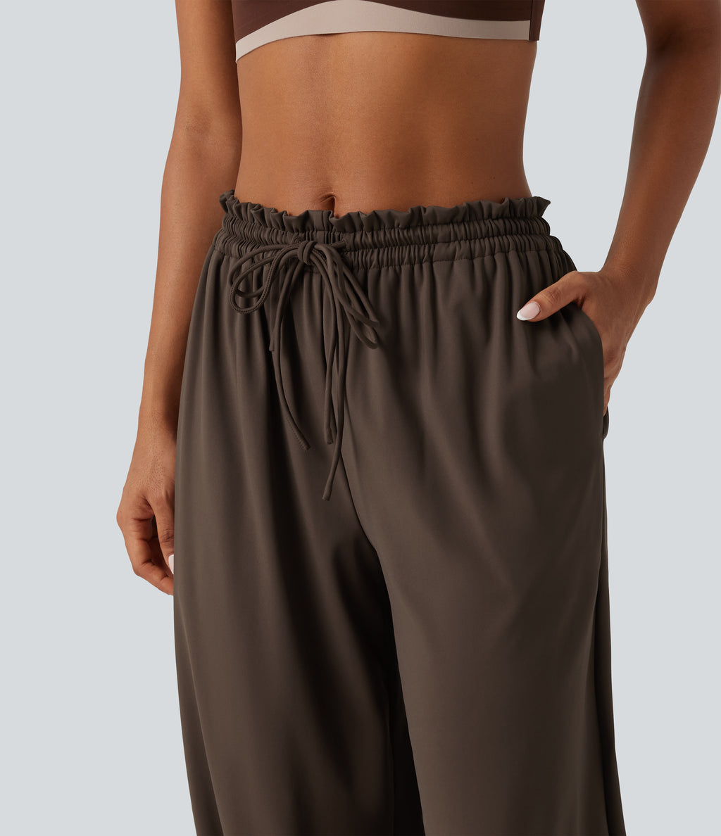 Mid Rise Drawstring Ruched Wrapped Yoga Joggers with Pockets — Chocolate Brown — view 4