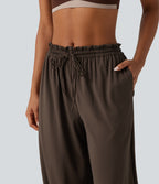 Mid Rise Drawstring Ruched Wrapped Yoga Joggers with Pockets — Chocolate Brown — view 4