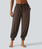 Mid Rise Drawstring Ruched Wrapped Yoga Joggers with Pockets — Chocolate Brown — view 1