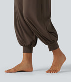 Mid Rise Drawstring Ruched Wrapped Yoga Joggers with Pockets — Chocolate Brown — view 5