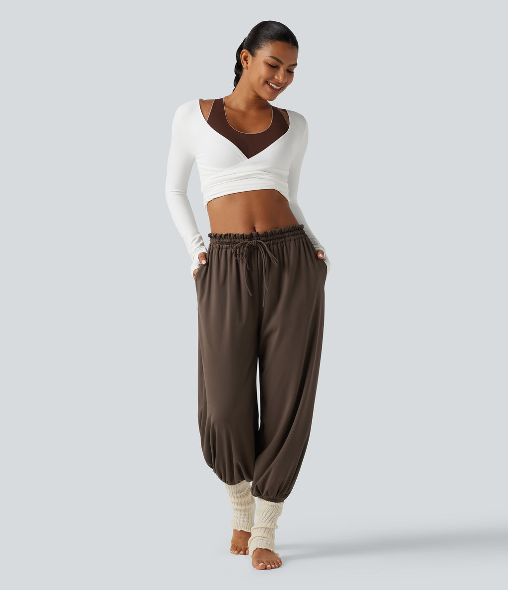 Mid Rise Drawstring Ruched Wrapped Yoga Joggers with Pockets — Chocolate Brown — view 7