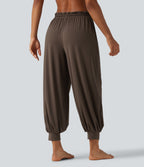 Mid Rise Drawstring Ruched Wrapped Yoga Joggers with Pockets — Chocolate Brown — view 2