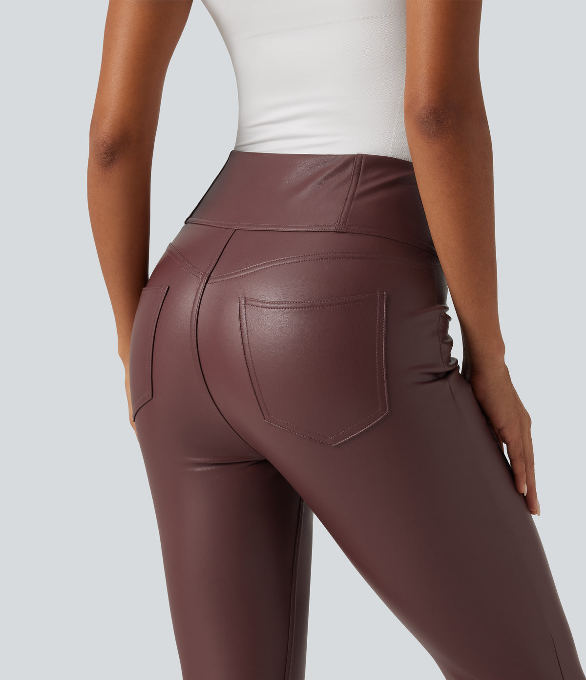 High Waisted Stretchy PU Fleece Casual Leggings with Pockets — Andorra — view 5
