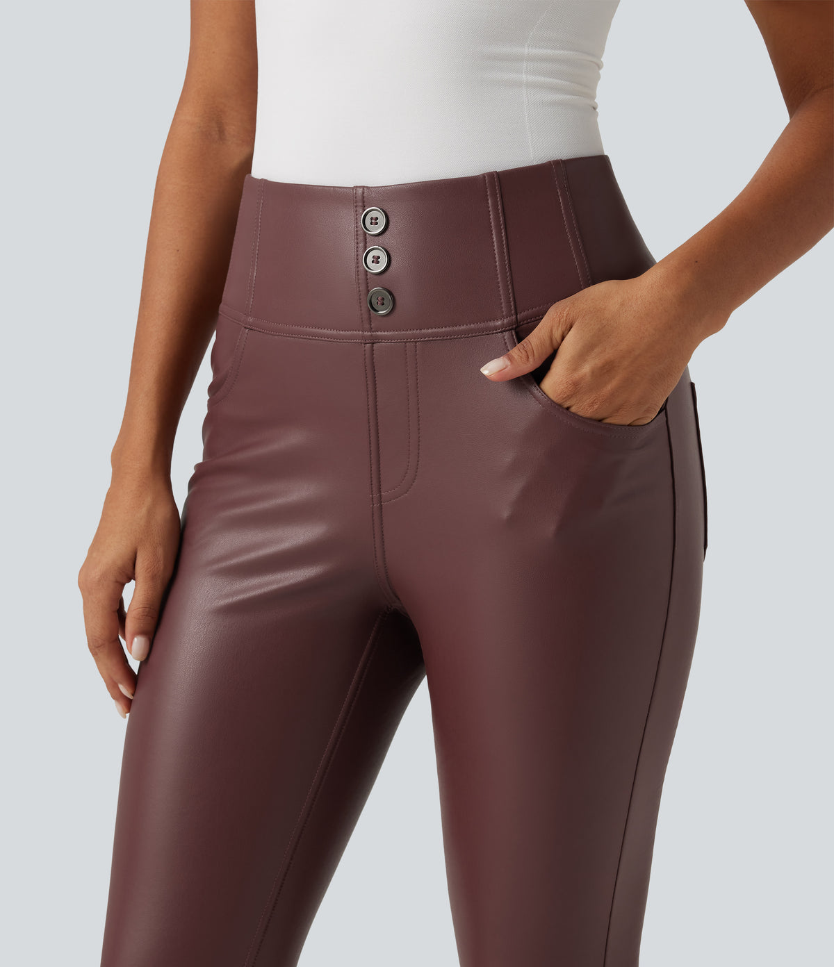 High Waisted Stretchy PU Fleece Casual Leggings with Pockets — Andorra — view 4