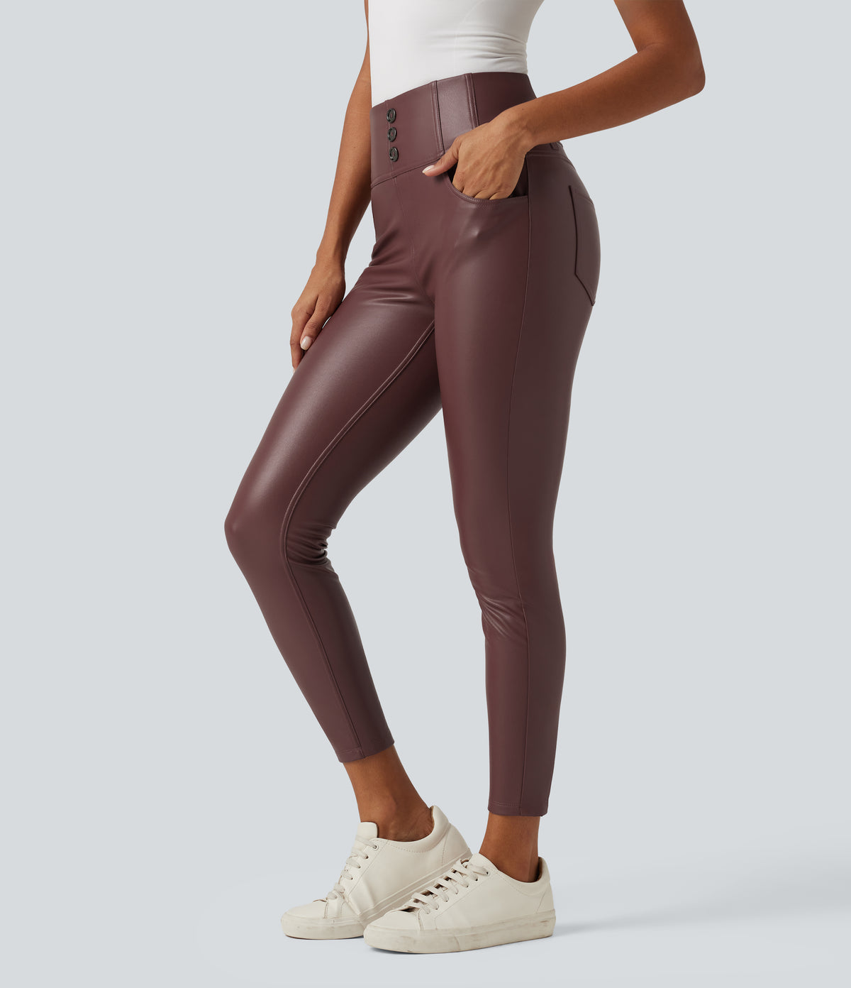 High Waisted Stretchy PU Fleece Casual Leggings with Pockets — Andorra — view 3