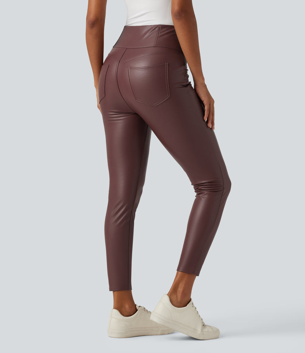 High Waisted Stretchy PU Fleece Casual Leggings with Pockets — Andorra — view 2