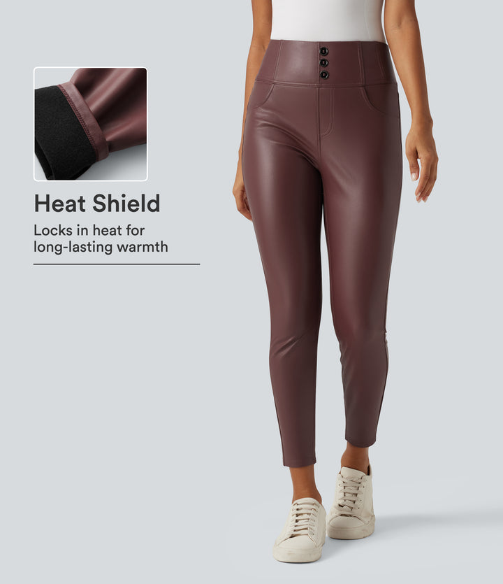 High Waisted Stretchy PU Fleece Casual Leggings with Pockets — Andorra — view 1