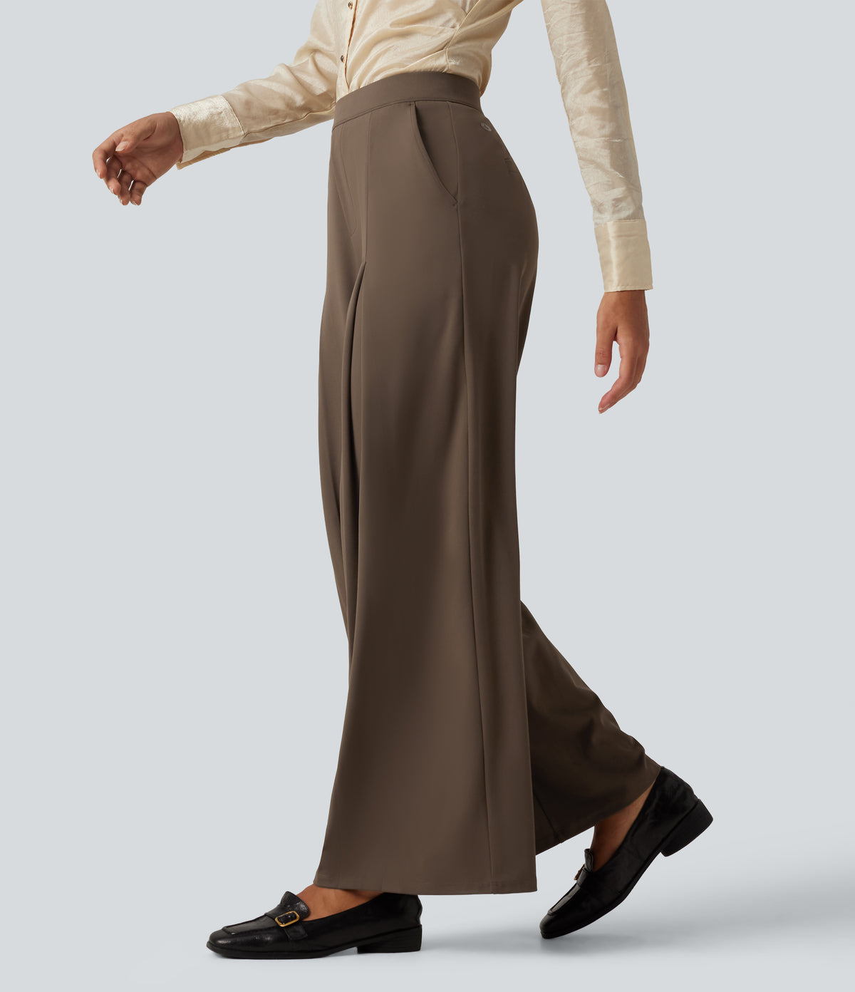 Mid Rise Wide Leg Baggy Work Trousers with Pockets — Chocolate Martini — view 3