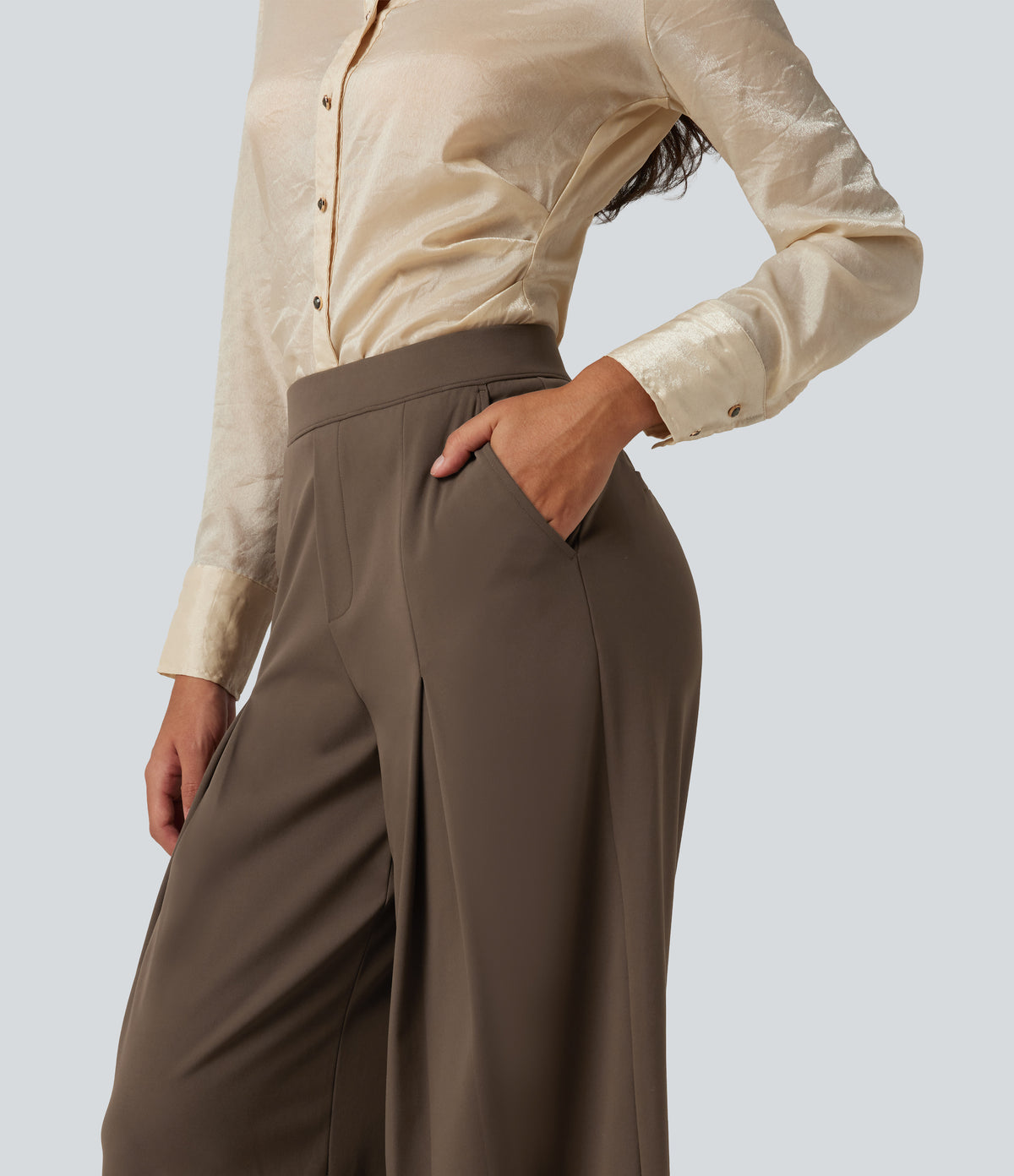 Mid Rise Wide Leg Baggy Work Trousers with Pockets — Chocolate Martini — view 5