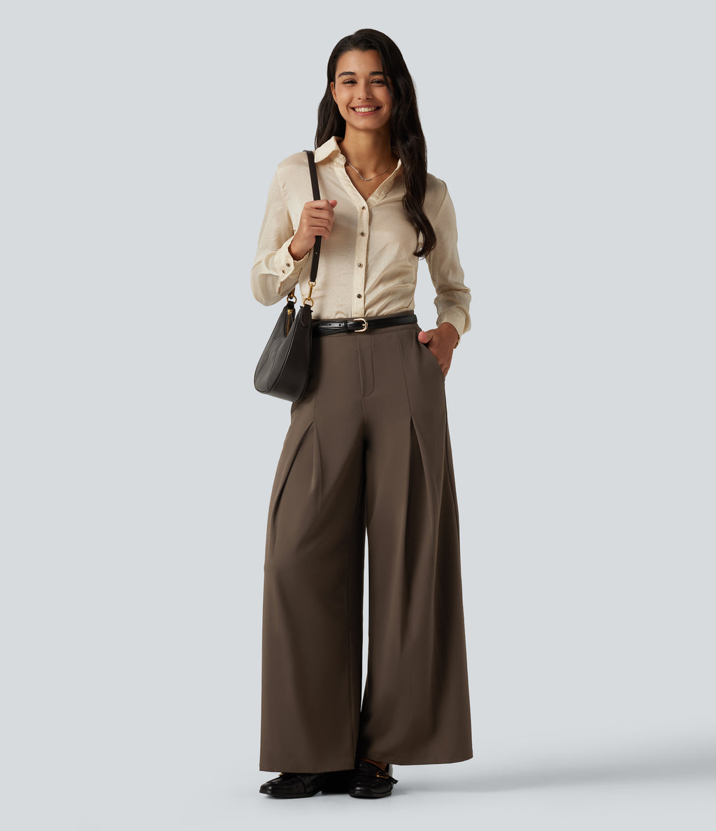 Mid Rise Wide Leg Baggy Work Trousers with Pockets — Chocolate Martini — view 7