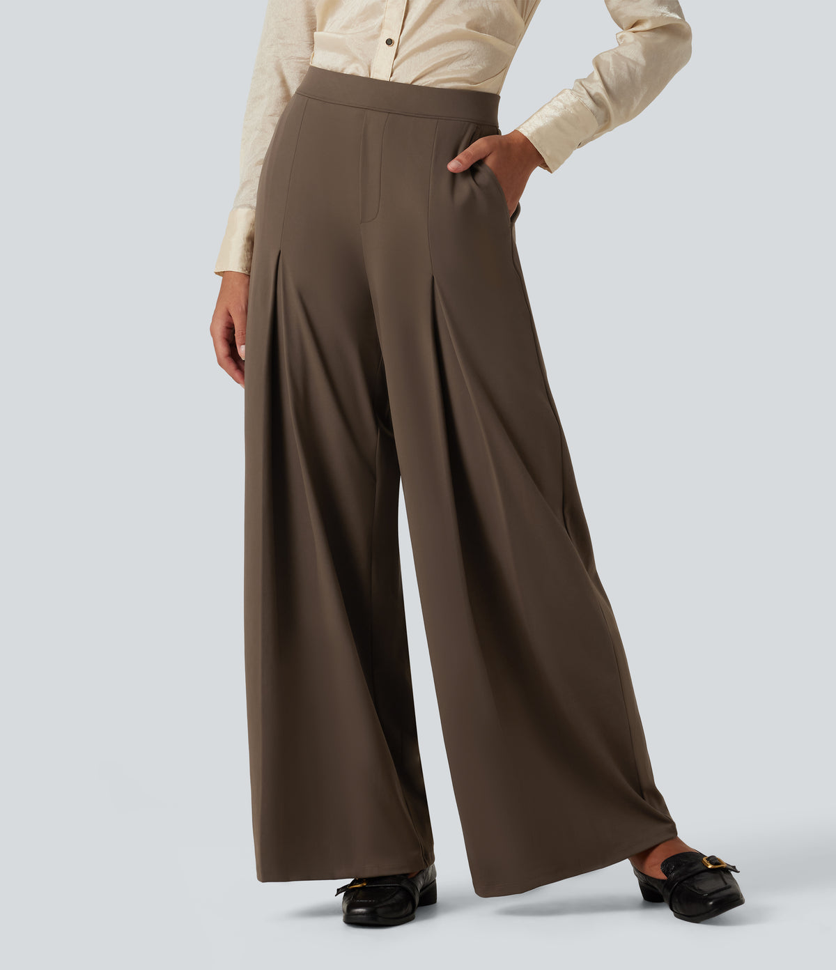 Mid Rise Wide Leg Baggy Work Trousers with Pockets — Chocolate Martini — view 1