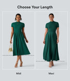 Stand Collar Short Sleeve Flare Midi Casual Dress with Pockets — Rain Forest — view 2