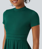 Stand Collar Short Sleeve Flare Midi Casual Dress with Pockets — Rain Forest — view 5