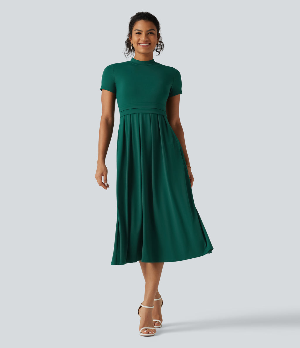 Stand Collar Short Sleeve Flare Midi Casual Dress with Pockets — Rain Forest — view 4