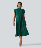 Stand Collar Short Sleeve Flare Midi Casual Dress with Pockets — Rain Forest — view 4