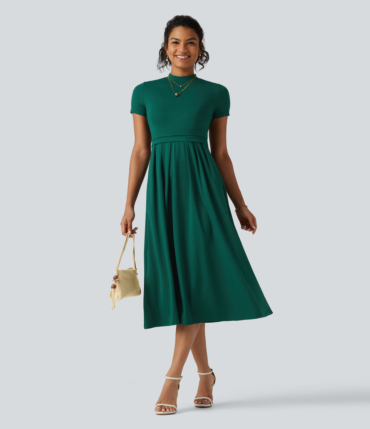 Stand Collar Short Sleeve Flare Midi Casual Dress with Pockets — Rain Forest — view 8