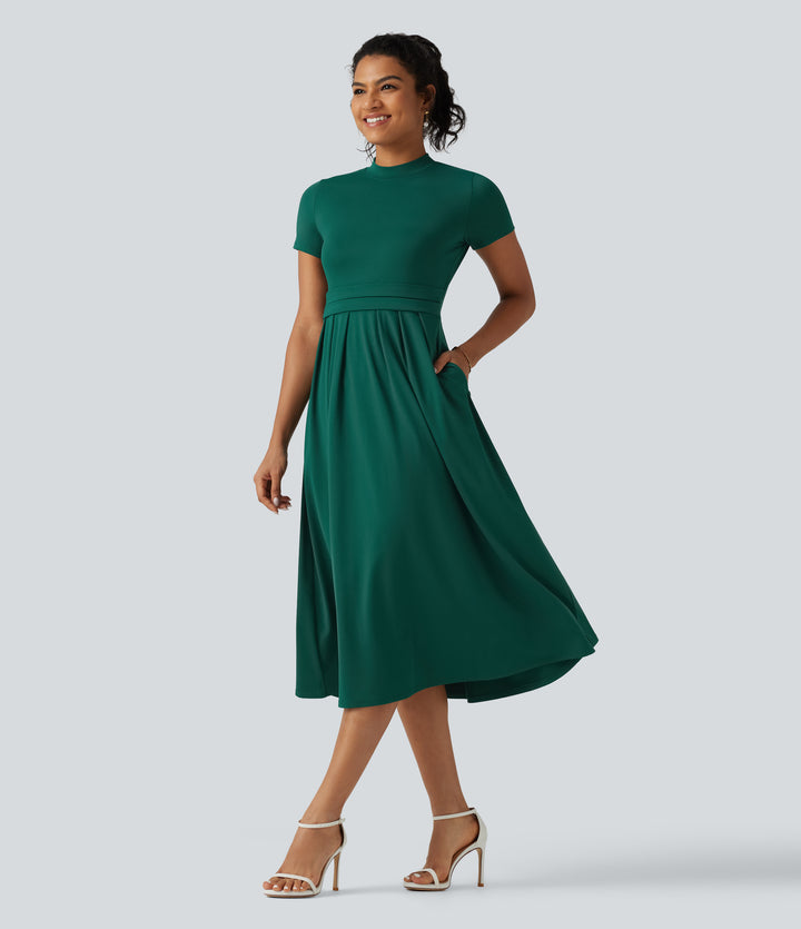 Stand Collar Short Sleeve Flare Midi Casual Dress with Pockets — Rain Forest — view 1